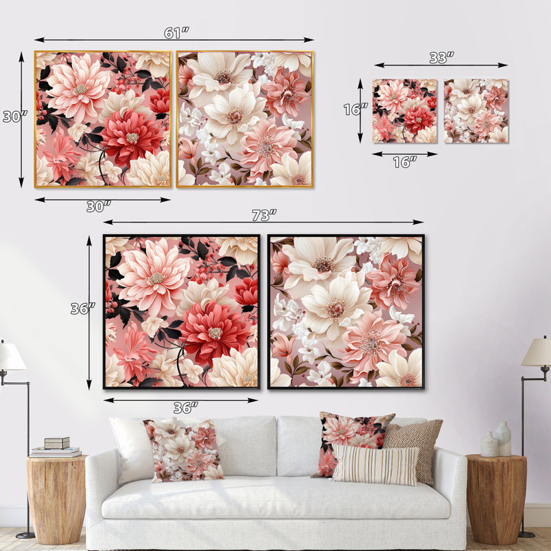 Coquelicots roses et blancs «Blossoming Grace» - ensemble de 2 collages floraux carrés, Cadre flottant noir