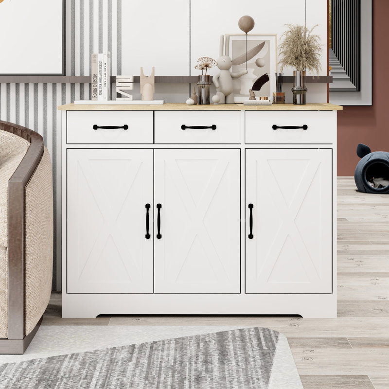 Buffet avec rangement à 3 tiroirs et portes, blanc / blanc, pour l'organisation de la chambre à coucher - 3 tiroirs et portes - Salle à manger, cuisine, grand espace, excellente finition