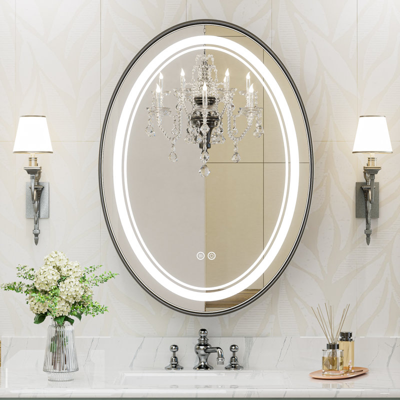Vinia Oval LED Lighted Bathroom Vanity Mirror Dimmable and Anti-Fog Wall Mirror, 30" x 22", Black