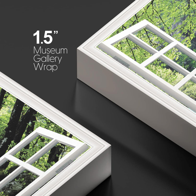 Window Scenery " Modern White Window Looking Out Into A Bridge By A Lake Surrounded By Trees ", 32" H x 48" W