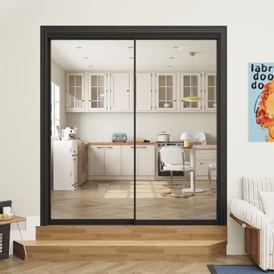 72” x 80" H Black Full-Length Clear Glass Door Frame Tempered Mirrored Sliding Closet Door With Hardware Kit​