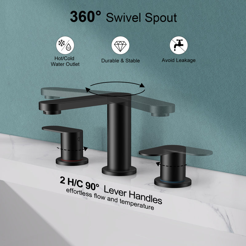 8 In. Waterfall Widespread 2-Handle Bathroom Faucet With Pop-Up Drain Assembly In Matte Black, Matte Black