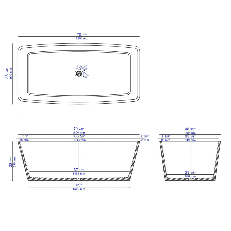 Baignoire de trempage en pierre 71 po x 35,4 po