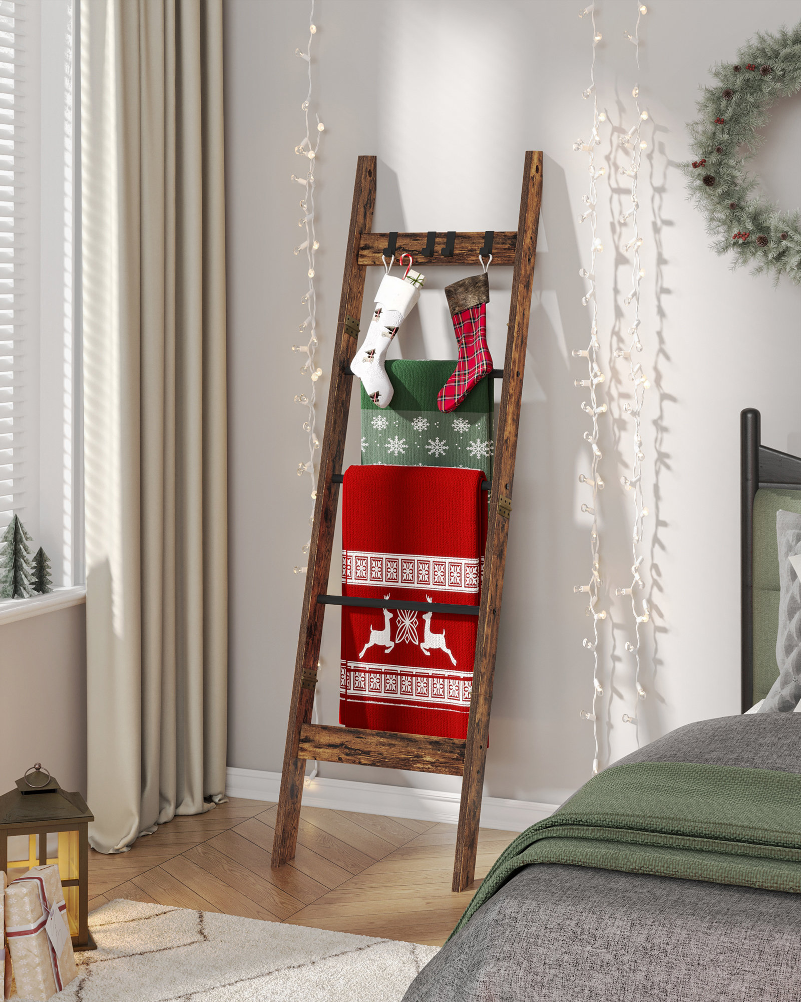 Shelves For Bedroom 5-Tier Farmhouse Blanket Ladder Rustic Brown