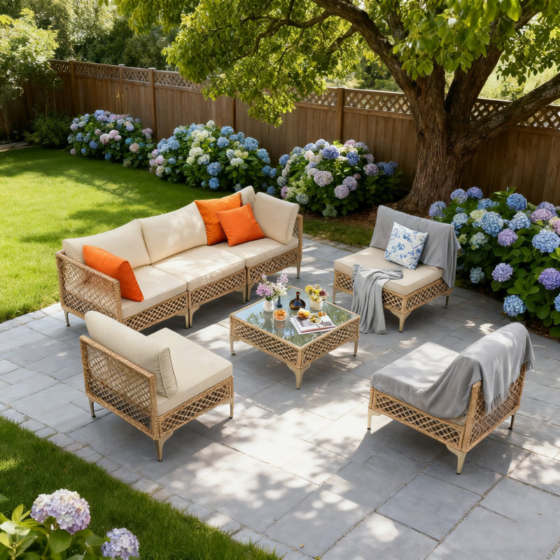 7 Piece Rattan Sectional Seating Group With Cushions, Beige