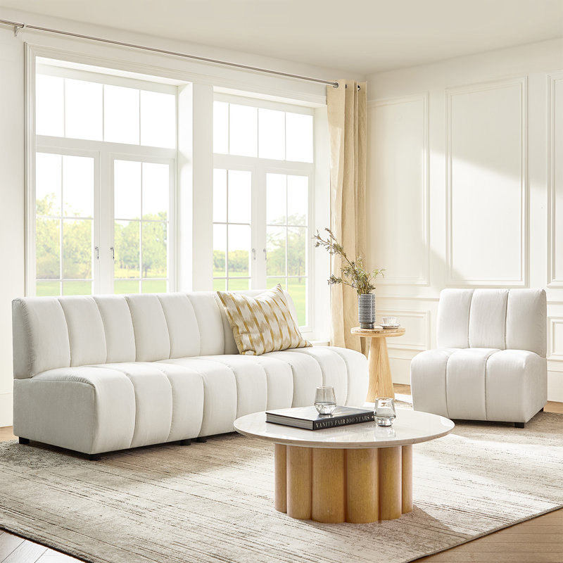 Shalon 112" Modern Modular Chenille 4-Piece Channel Tufted Sofa Set, Ivory