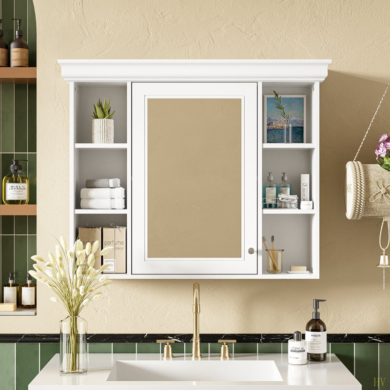 35'' X 28'' Wall Mounted Bathroom Storage Cabinet With Mirror Door, Modern Bathroom Wall Cabinet With Mirror, Medicine Cabinet With 6 Open Shelves