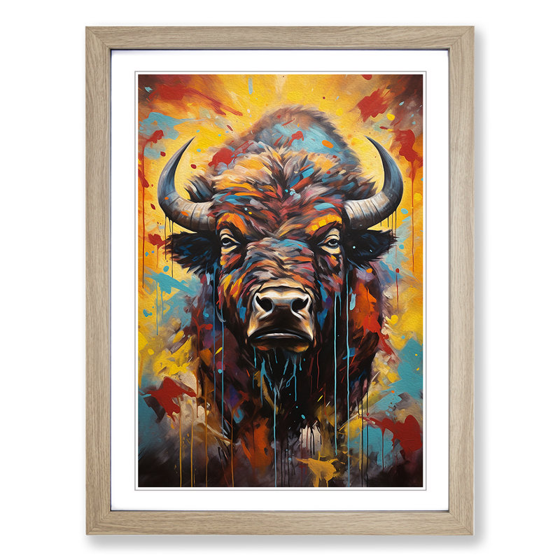 Buffalo Hard Edge Painting - Single Picture Frame Print on Wood, 34cm H x 25cm W x 2cm D, Oak Framed