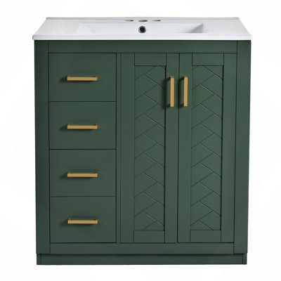 Ensemble de meuble-lavabo 30 po avec lavabo en céramique, armoire de rangement en bois massif, ensemble de meuble-lavabo autoportant avec 3 tiroirs et portes à fermeture douce