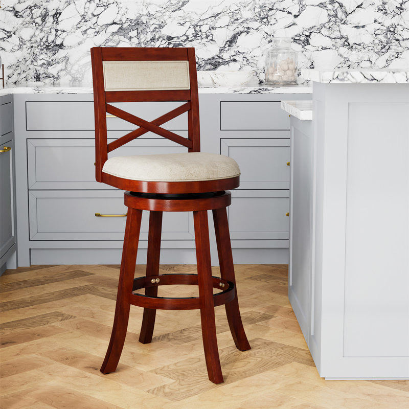 Tabouret pivotant à dossier en X de 30 po, siège en cuir vieilli, Cerisier, Beige