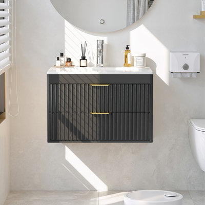 Meuble-lavabo flottant sans lavabo, armoire murale avec 2 tiroirs cannelés et poignée en métal, armoire murale pour salle de bain