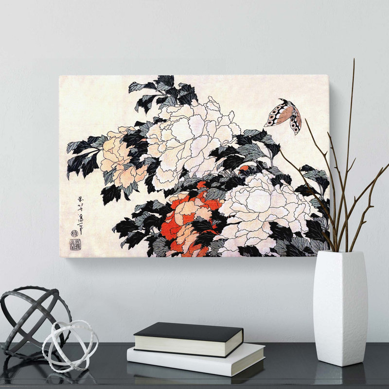 Peonies And Butterfly by Katsushika Hokusai - Wrapped Canvas Print, 40cm H x 60cm W x 3cm D