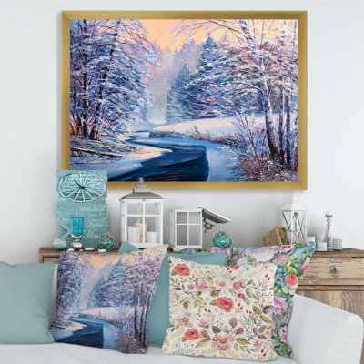 Forêt de Noël pastel avec rivière - peinture sur toile