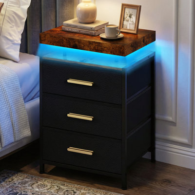 Commode à 3 tiroirs avec tablette ouverte à 2 niveaux, commode avec prise de courant et DEL, commode H 17,32 po pour chambre noire