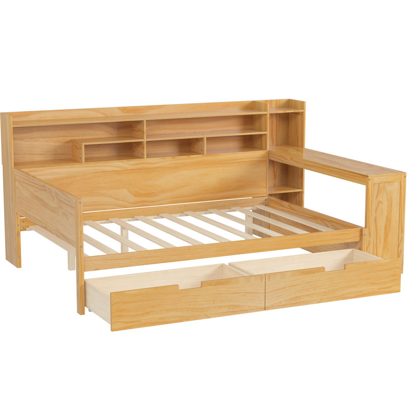 Lit de jour en bois naturel avec rangement spacieux et bureau pour un espace de vie sophistiqué, Naturel