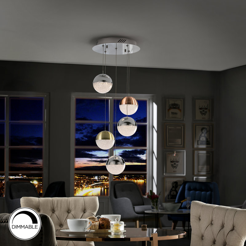 Avocet 5 - Light Chrome LED Cluster Pendant, 116cm H x 33cm W x 33cm D