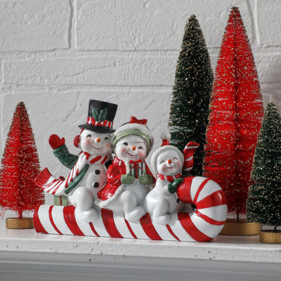 8" Resin Snowman Family On Candy Cane