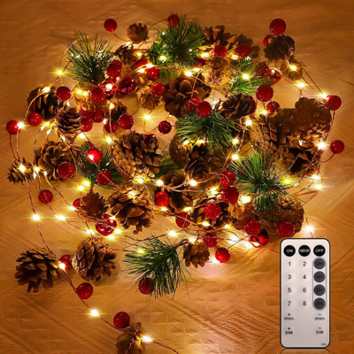 Christmas Lighted Garland – Green With Red Accents – 9.8 Ft / Artificial Pine, Red Berries & Pine Cones / Battery-Operated LED Garland With Remote