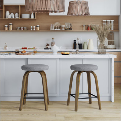 Swivel Bar Stools Set of 2, Counter Height Backless 26″ Bar Stool, Fabric Upholstered Seat, Sturdy Wood Legs and Metal Footrest, Mid-Century Modern Island Stools for Home Bars, Restaurants, Gray