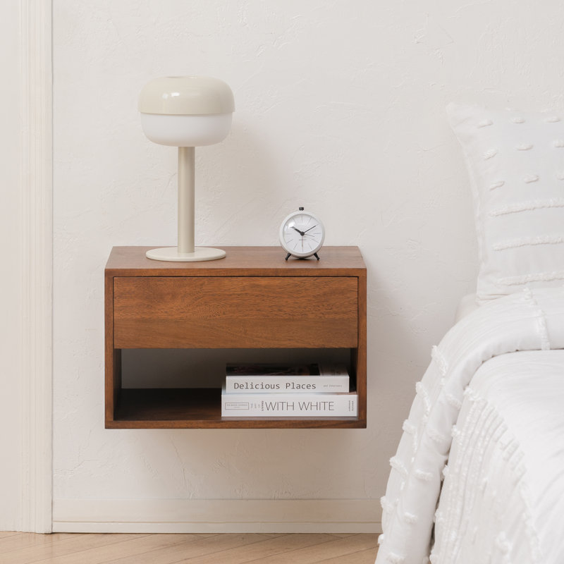 Halya Solid Wood Bedside Table Floating Nightstand, Walnut