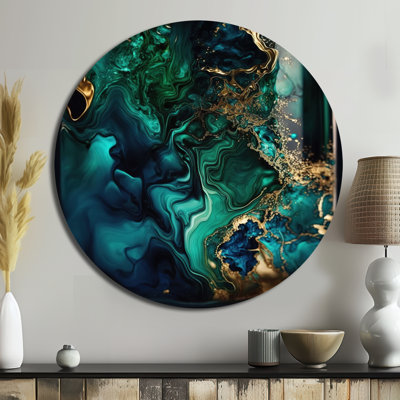 Géode abstraite marbre vert et bleu II - Art abstrait rond en métal