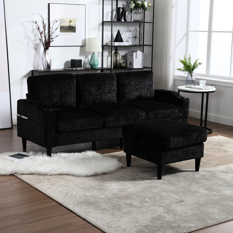 Chenille en L avec rangement et porte-gobelets pour canapé modulaire Comfort Zone, Chenille noir