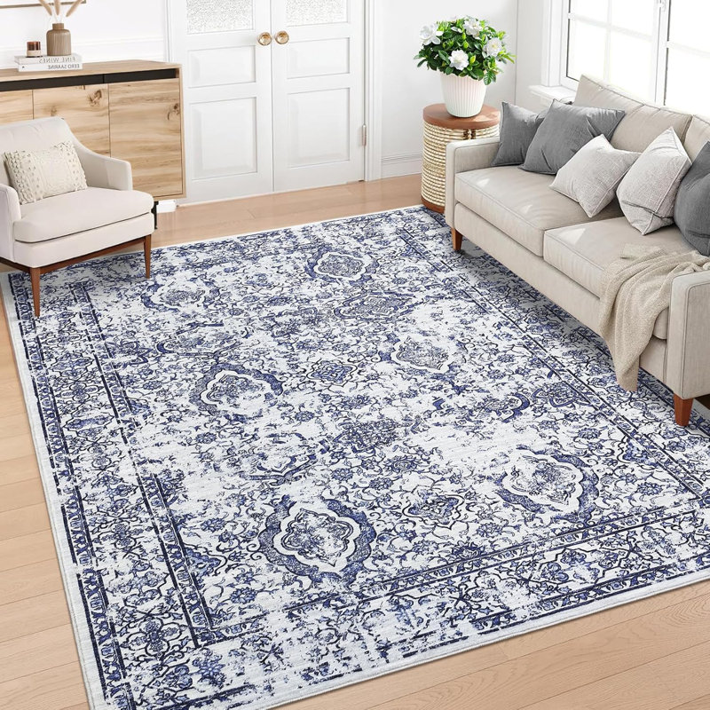Washable Runner Rug Vintage Hallway Retro Accent Floral Print Distressed Non-Slip Low Pile Kitchen Laundry Bathroom Bedroom Blue