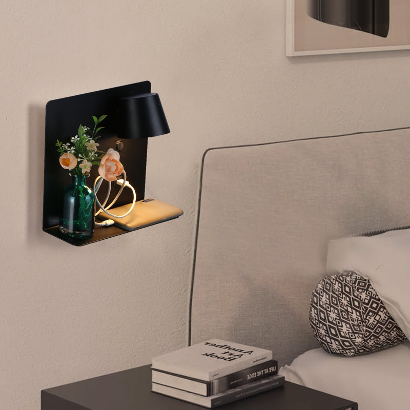 Modern Rotatable Black Led Plug In Wall Sconce Light Fixtures With Shelf And Usb Charging Port For Bedroom
