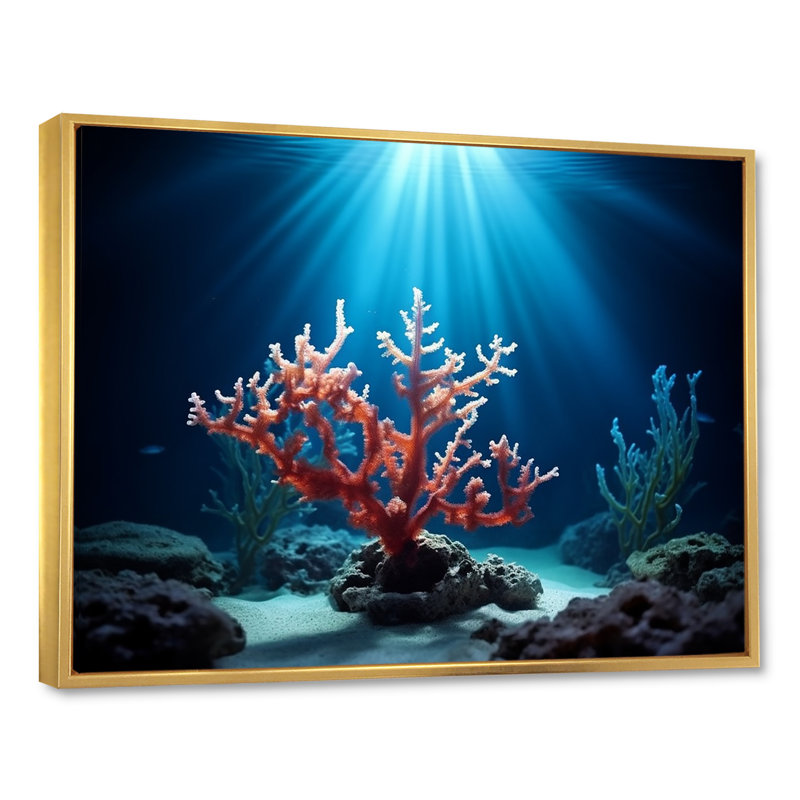 Sous-marin rose, branche de corail - plage et océan, art mural sur toile, Cadre flottant doré, H 30 po x l 40 po
