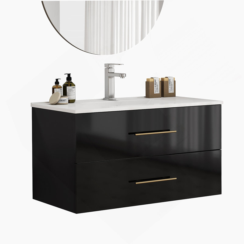 Meuble-lavabo mural noir brillant 36 po avec lavabo combiné, double tiroir, lavabo en céramique, longue poignée en métal doré, installation facile, noir brillant