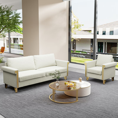 Chaise de salon beige en velours beige - et fauteuil avec coussins rembourrés de mousse - blanc crème durable
