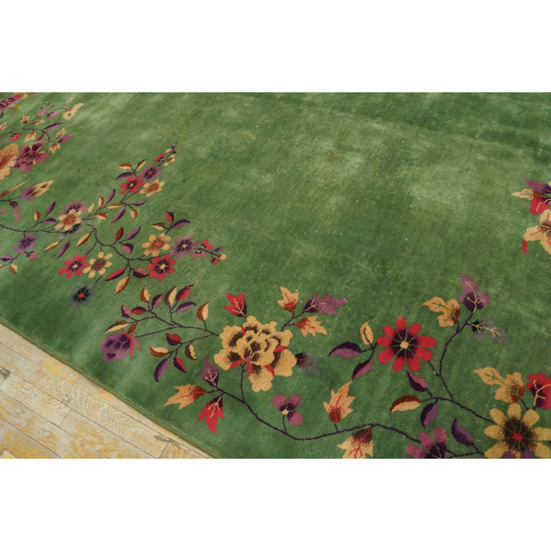 Green Color Solid Open Field Antique Floral Art Deco Chinese Room Size Wool Rug