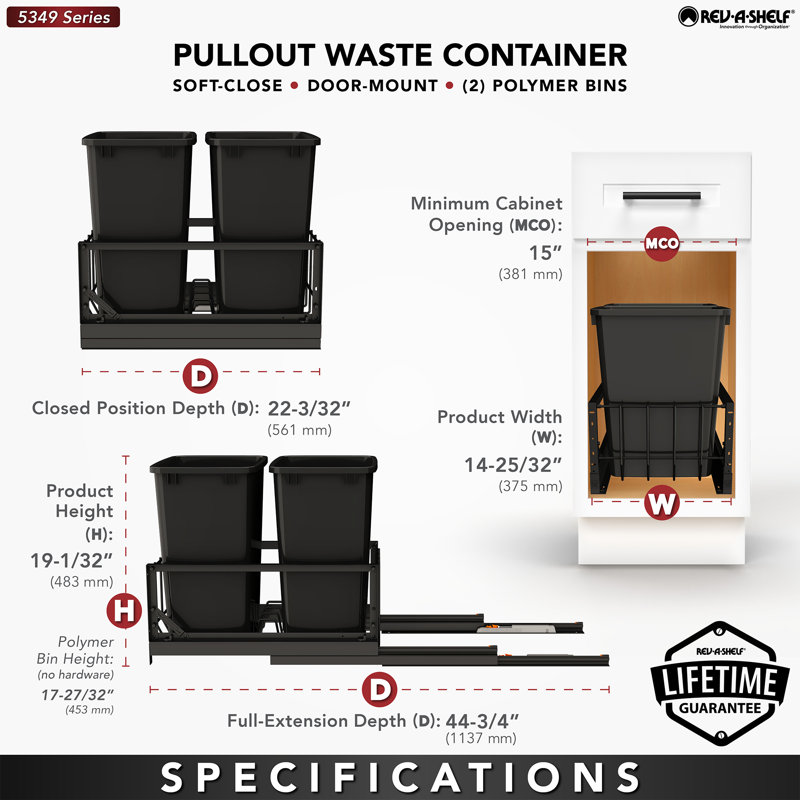 Rev-A-Shelf Double Pullout 35 qt. Kitchen Trash Can w/ Soft-Close, 5349-18DM-218, 2, 22.92" H x 14.77" W x 22.09" D