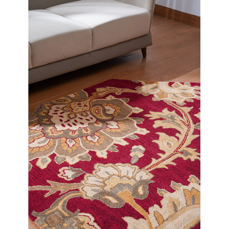 HAND TUFTED WOOL ECO-FRIENDLY AREA RUGS - Octagon | Dark Red Color | Floral Design | 8x8 Area Rugs for Living room, Bedroom