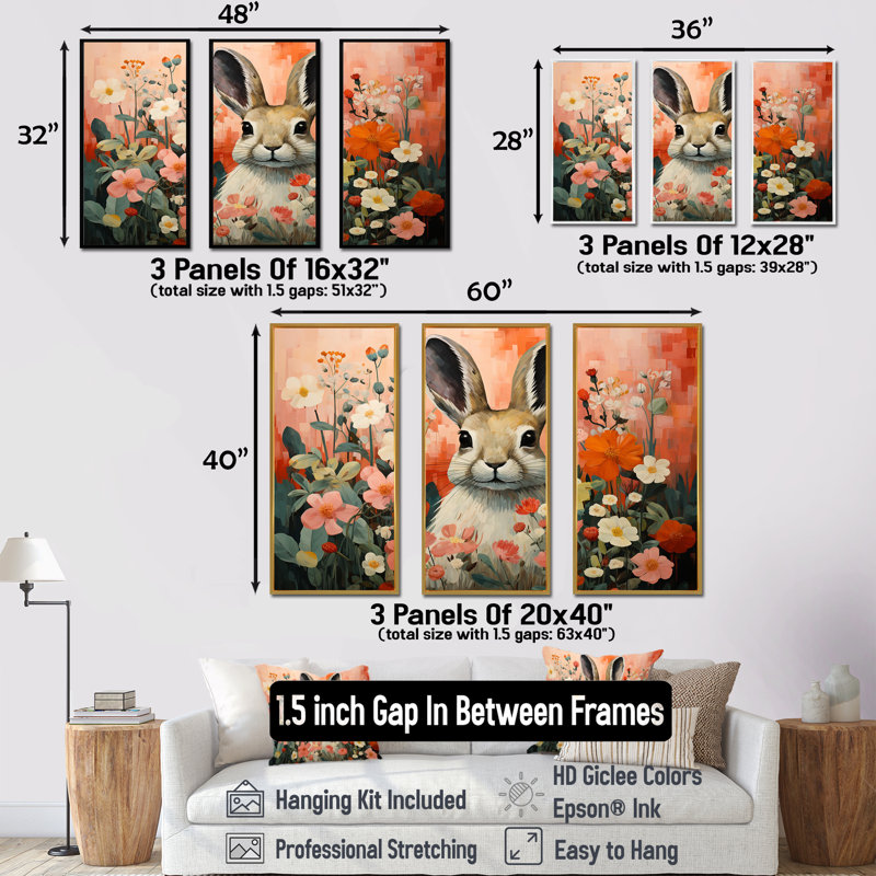Art de mur de lapin rose, H 28 po x l 36 po, Cadre flottant noir