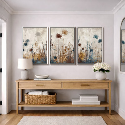 Vibrant Wildflower "Rustic Wildflowers Floral Artwork, Neutral Botanical Living Room Wall Pictures, 3 Pieces Canvas Giclee Print Wall Art" 16"x24"x3 pcs, 24"x36"x3 pcs