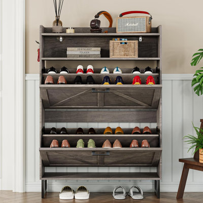 Armoire de rangement pour chaussures 20 paires avec 2 tiroirs rabattables, 2 tablettes réglables et crochets latéraux