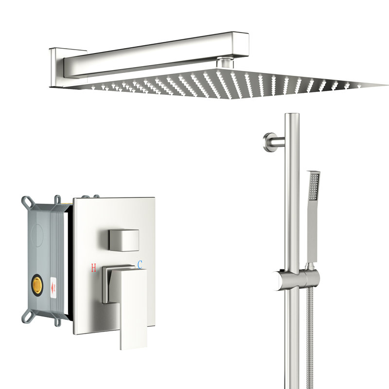 12 Inch Square Shower In Brushed Nickel - Adjustable Slide Bar, -Balanced Valve & Handheld Piece With Head Contents