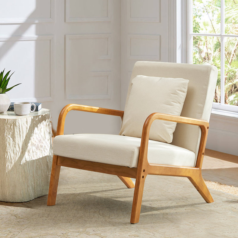Fanci 25.6" Wide Accent Chair, Beige Linen / Medium Yellow Wood