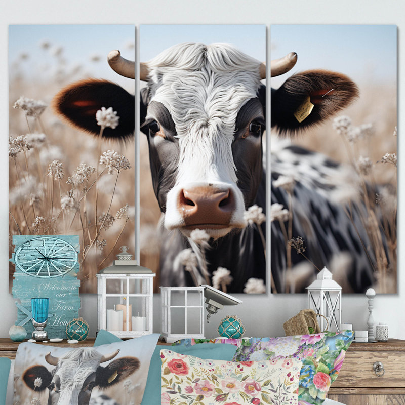Vache, fleur, pâture sur toile, 3 pièces, H 28 po x l 36 po