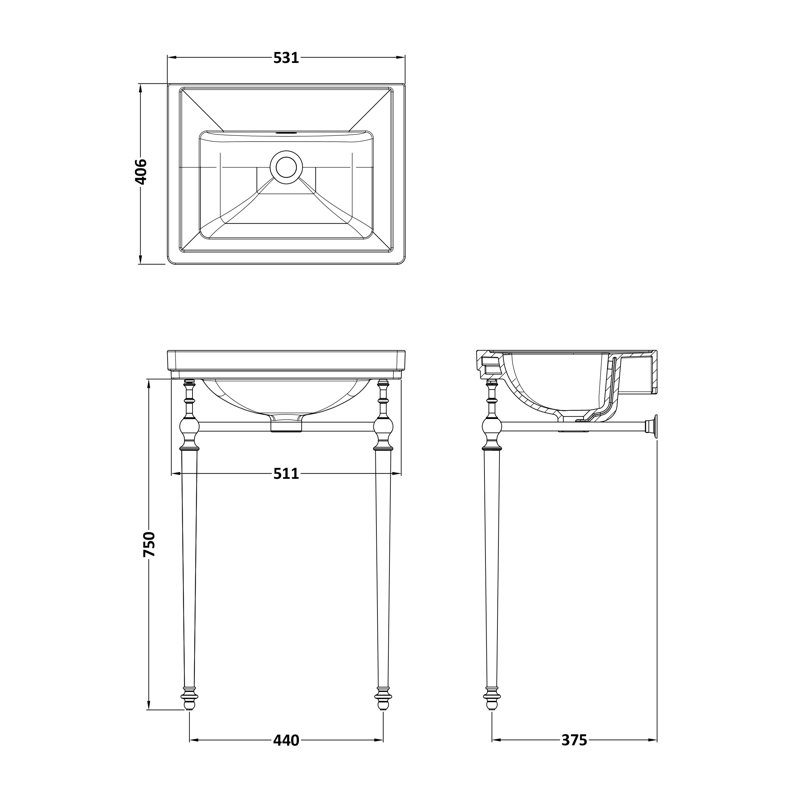 Nuie Classique 531mm L x 406mm W White/Chrome Fireclay Rectangular Sink with Overflow