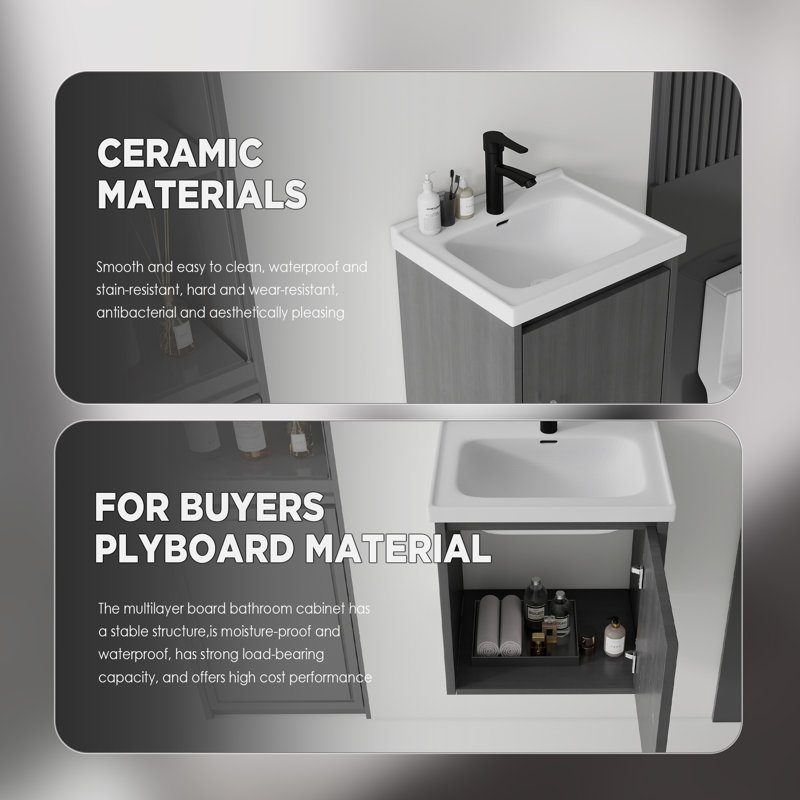 Meuble-lavabo suspendu de 40 cm avec lavabo, porte à fermeture douce, lavabo en céramique, meuble en contreplaqué, gris, Gris
