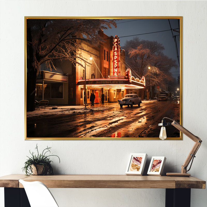 «Vintage Theatre Night Scenery - Theatres», art mural, Cadre flottant doré, H 16 po x l 32 po x P 1 po