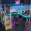Lit mezzanine en métal blanc avec bureau intégré, escalier et DEL-699106353