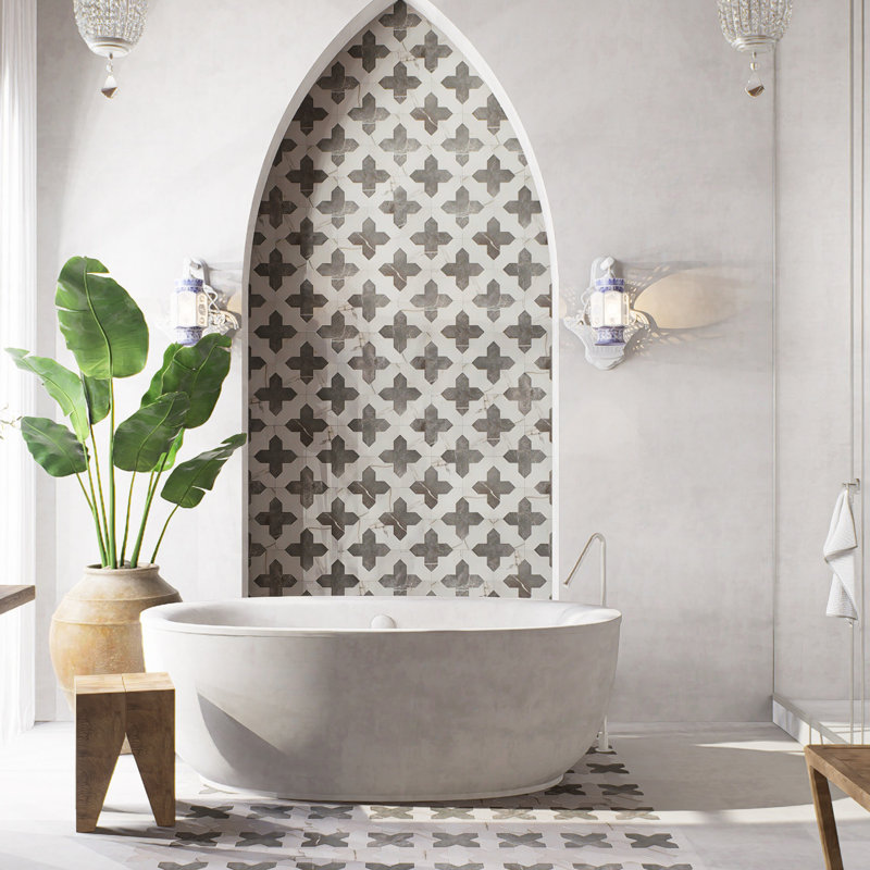 Istanbul Squire Shield With Cross 6 In. X 8-3/8 In. Porcelain Floor And Wall Tile Kit, Black/White