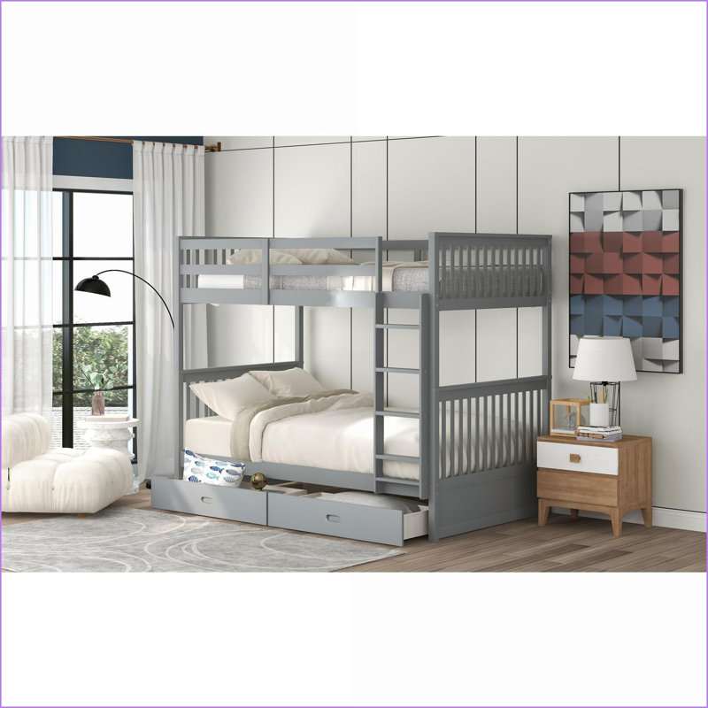 Lit superposé simple en pin massif avec 2 tiroirs sans sommier gris pour les soirées pyjama en famille