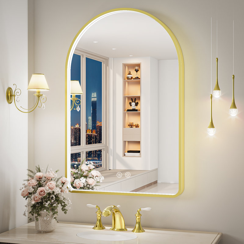 Miroir de salle de bain à DEL avec lumières, miroir de salle de bain arqué avec antibuée, température de 3 couleurs, fonction de mémoire, à intensité variable