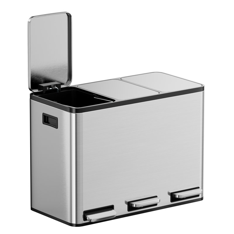 Stainless Steel 45 Litre Step On Multi-Compartments Trash & Recycling Bin, Stainless Steel