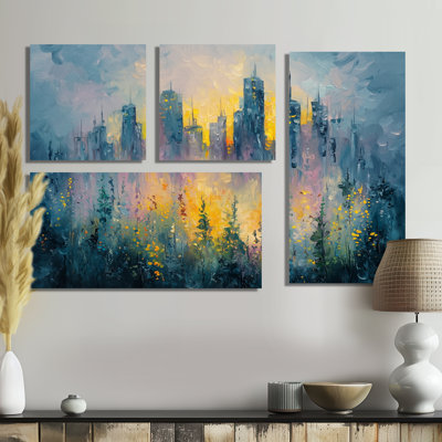 Urban Pulse Of Dreaming Cityscape II - Cityscapes, reproduction d'art sur toile 4 pièces