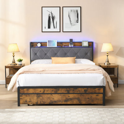 Cadre de lit avec rangement, cadre de lit avec lumières DEL, tête de lit tapissier et 2 tiroirs, port USB et station de charge, aucun sommier nécessaire, assemblage facile